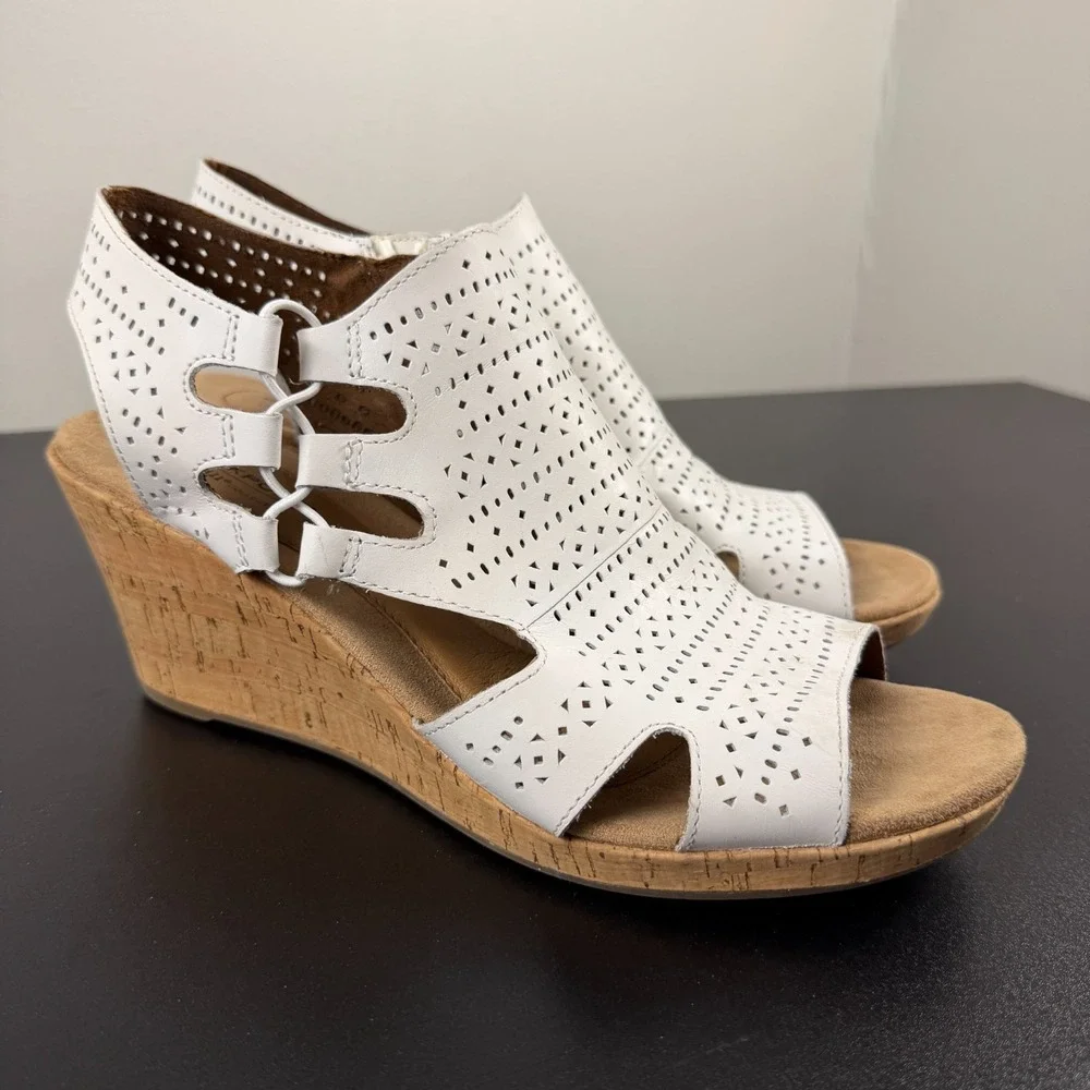 Rockport Cobb Hill Sandals Women's 11W Leather Laser Cut Wedge Casual Career